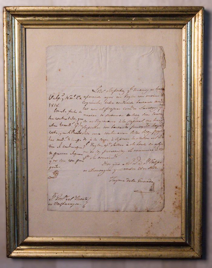 Carta de la Guarda original de Don Jaime al Gobernador de Valparaíso, primer intendente de Valdivia (1830-1833).