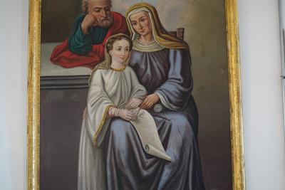 Óleo sobre tela con motivo de la Virgen Niña, Santa Ana y San Joaquín
